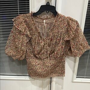 Free People Floral Smocked Peasant Blouse in Tan and Red